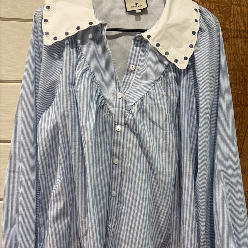 Tuckernuck Light Blue & White Striped Button-Down with Eyelet Collar